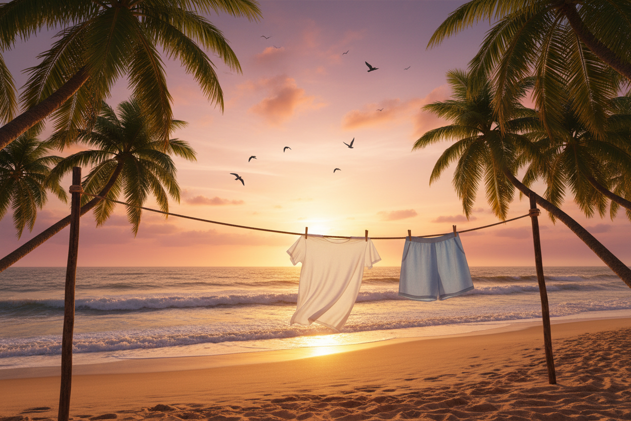 Sunset beach scene with waves and birds